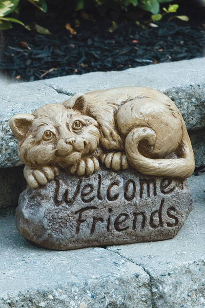 Welcome Friends Felix Cat Sculpture Cute Entryway Statue Cement
